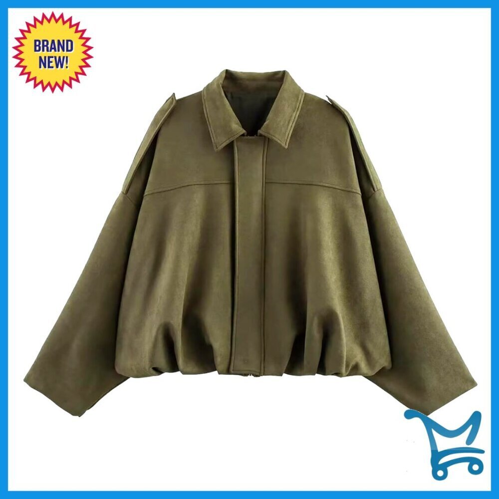 Oversized Faux Suede Bomber Jacket Batwing Sleeves Zip Up Casual Outerwear
